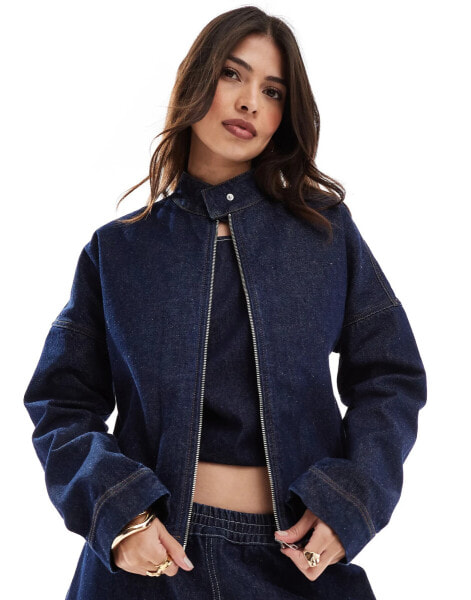 ASOS DESIGN denim moto collar jacket in indigo