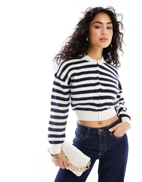 Mango zip through stripe cardigan in navy and white