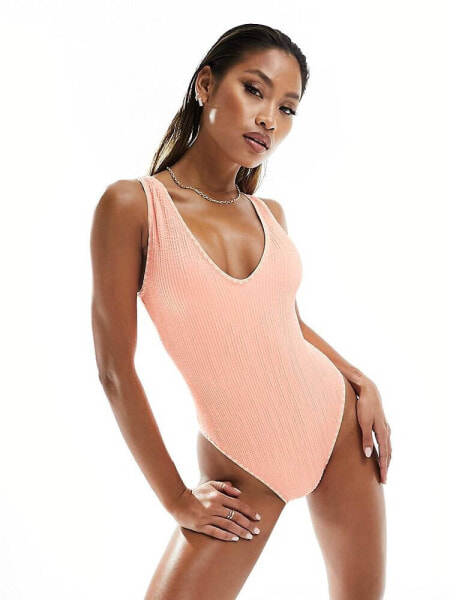 River Island textured swimsuit in coral 