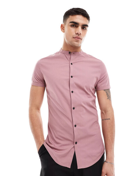 ASOS DESIGN skinny fit shirt with grandad collar in mauve