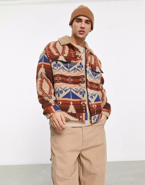 ASOS DESIGN oversized western aztec print jacket with borg collar