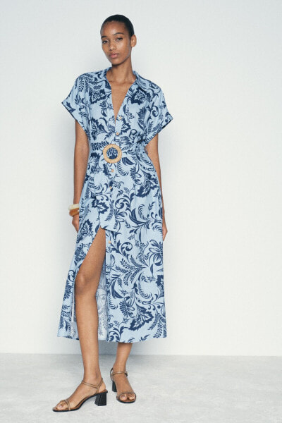 PRINTED LINEN BLEND SHIRT DRESS