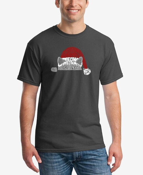 Men's Christmas Peeking Cat Printed Word Art T-shirt