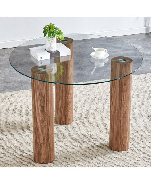 40" Round Tempered Glass Dining Table, Wooden Legs