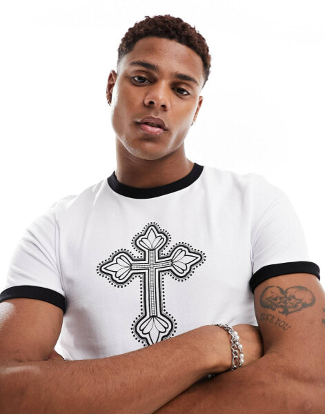 ASOS DESIGN muscle-fit ringer t-shirt in white with cross front print