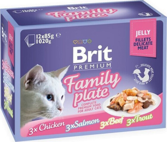 Влажный корм для кошек Brit, FAMILY PLATE GAL, кусочки, с лососем, курицей, форелью и говядиной по 3 шт, 12х85г