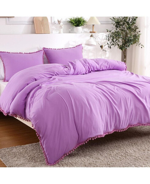 3 Piece Pom Pom Soft Washed Microfiber Duvet Cover Set, Queen