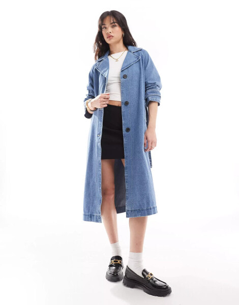 Vero Moda belted denim trench coat in medium blue wash