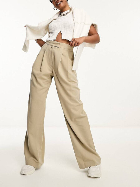 ASOS DESIGN wide leg pleated trouser in neutral