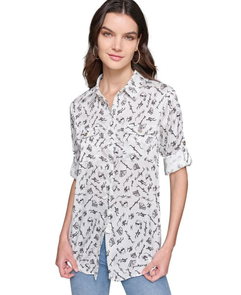 Women's Printed Utility Button-Down Top, Regular & Petites