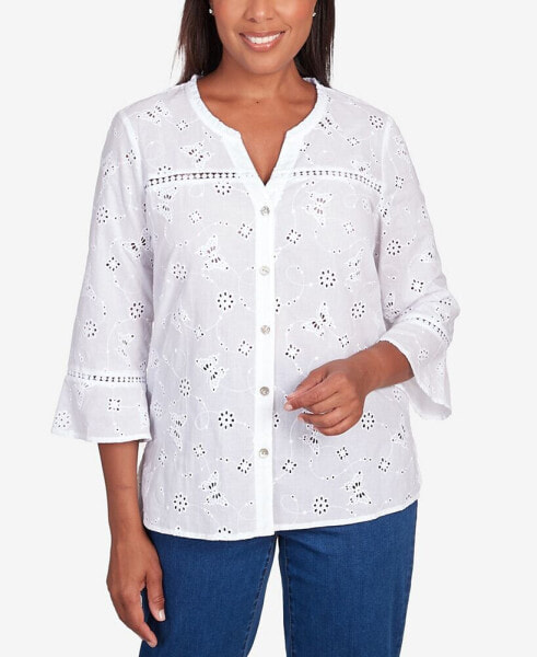 Women's In Full Bloom Butterfly Eyelet Button Front Shirt