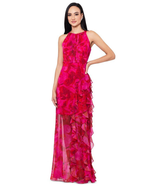 Women's Printed Ruffled Halter Gown