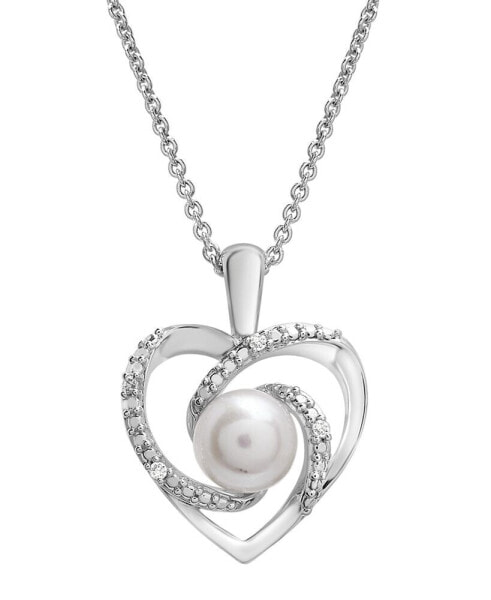 Cultured Freshwater Pearl (6mm) & Diamond Accent Swirl Heart 18" Pendant Necklace in Sterling Silver