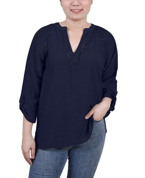 Women's Raglan Sleeve Split Neck Blouse Top