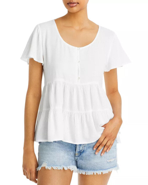 Bila Womens White Button Front Tiered Shirt Blouse Top in White Size L