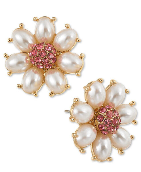 Gold-Tone Color Pavé & Imitation Pearl Flower Stud Earrings, Created for Macy's
