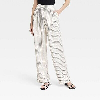 Women's High-Rise Linen Pleated Front Straight Pants - A New Day Cream/Black