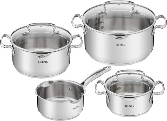 Tefal Duetto Set of 7: 3 Saucepans 16/20/24 cm, 1 Saucepan 16 cm, 3 Lids, Stainless Steel, 3 Glass Lids, Measuring Marks, Suitable for All Hobs Suitable for Oven and Dishwasher