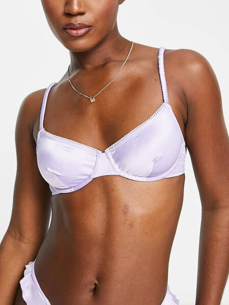 Monki satin soft bra with frill edge in lilac