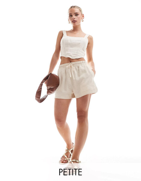 Stradivarius Petite linen look pull on short in natural