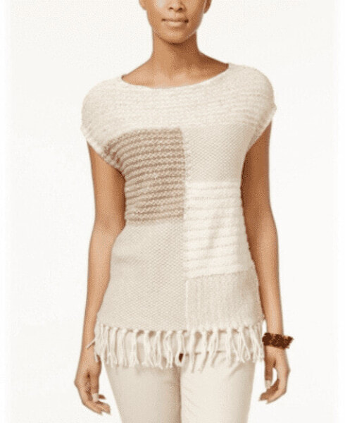 American Living WoColorblocked Fringe Hem Scoop Neck Sweater Beige White Size M