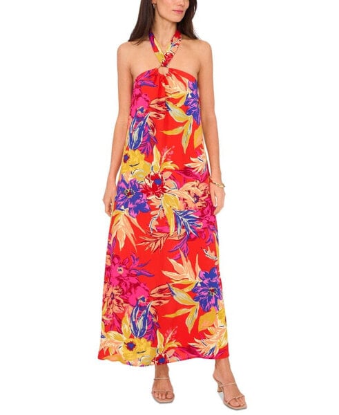 Women's Floral Halter O-Ring Tie-Back Maxi Dress