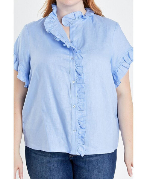 Women's Plus Size Linen Ruffle Shirt