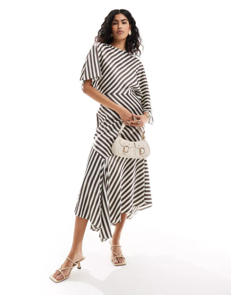 ASOS DESIGN satin flutter sleeve asymmetric hem midi dress in chocolate stripe