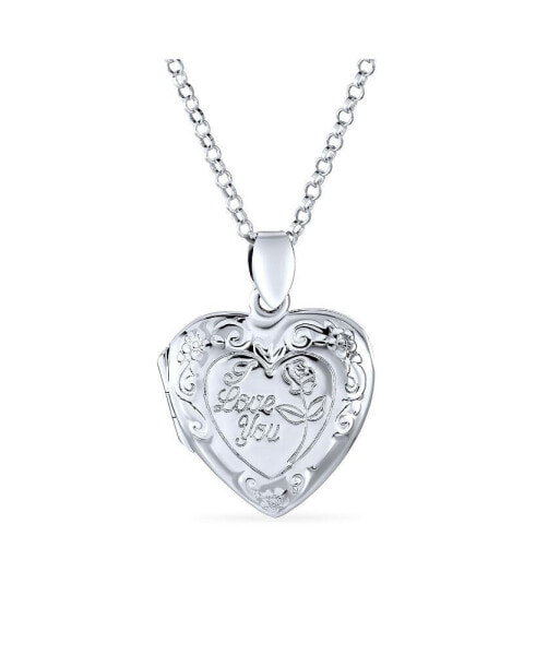 Saying I LOVE YOU Puff Heart Locket That Holds Picture For Women For Sterling Silver Photo Holder