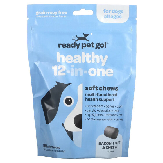 Здоровые витамины и добавки для собак всех возрастов Ready Pet Go! Healthy 12-In-One, со вкусом бекона, печени и сыра, 90 мягких конфет, 12.7 унций (360 г)