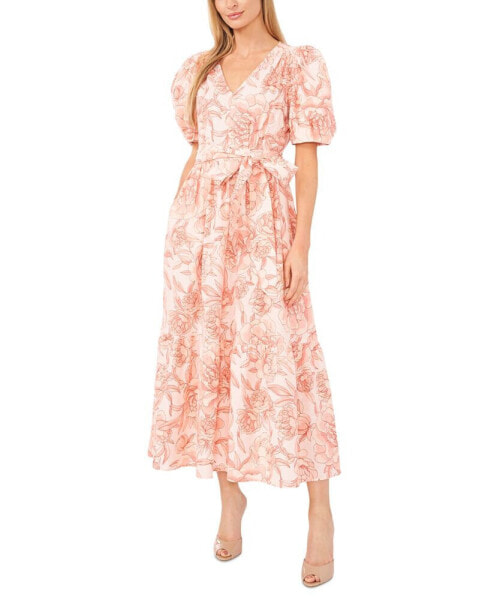 Women's Floral Puff-Sleeve Tie-Front Maxi Dress