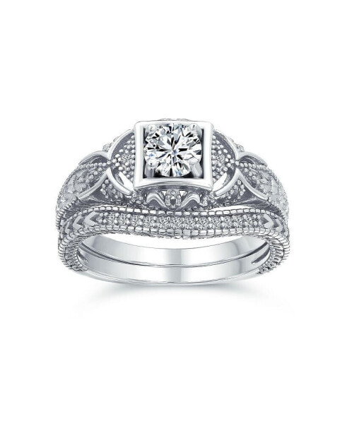 1CT Art Deco Style Solitaire Round Filigree AAA CZ Pave Contoured Band Engagement Wedding Ring Set .925 Sterling Silver