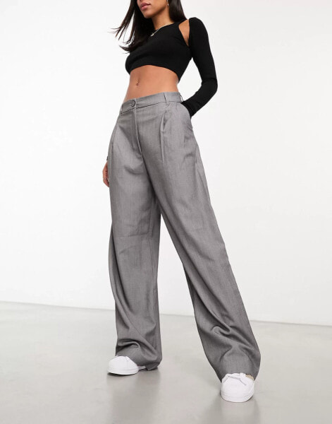 Monki high waist wide leg tailored trousers in light grey