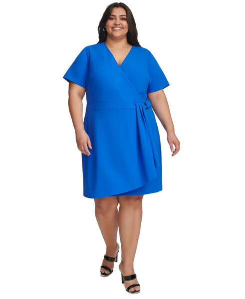 Plus Size V-Neck Short-Sleeve Scuba-Crepe A-Line Dress