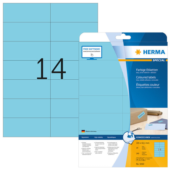 HERMA Coloured labels A4 105x42.3 mm blue paper matt 280 pcs. - Blue - Self-adhesive printer label - A4 - Paper - Laser/Inkjet - Removable