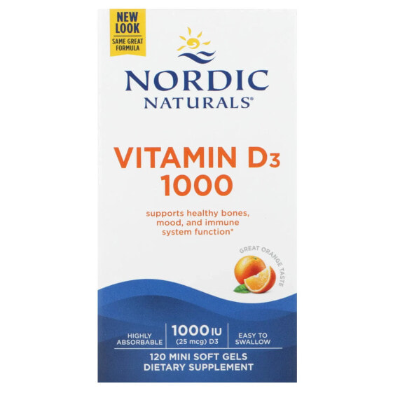 Витамин D3 Nordic Naturals 1000, апельсиновый, 25 мкг (1 000 МЕ), 120 мини-мягких капсул