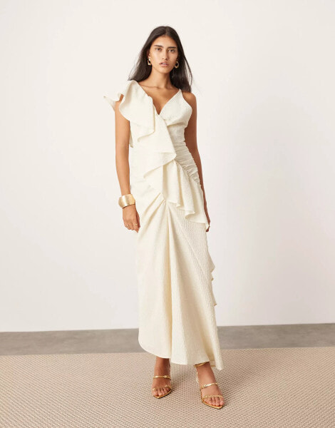 ASOS EDITION textured asymmetric ruffle maxi dress in stone