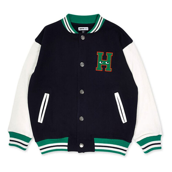 Куртка спортивная Tuc Tuc Varsity Club - синяя, вязаная, с белыми рукавами, зелеными буквами, карманами и застежкой на пуговицы - для мальчика.