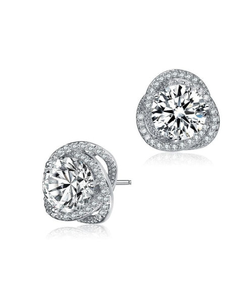Sterling Silver with Rhodium Plated Clear Round Cubic Zirconia Swirl Halo Stud Earrings