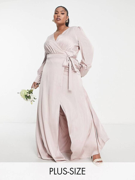 TFNC Plus Bridesmaid long sleeve satin maxi dress in mink pink