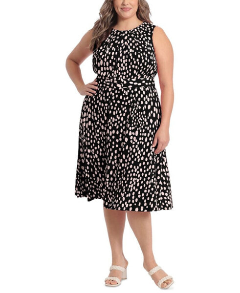 Plus Size Dot-Print Belted Dress