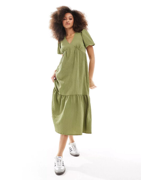 Wednesday's Girl textured v-neck smock midi dress in khaki