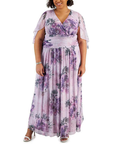 Plus Size Printed Glitter Cape-Overlay Dress