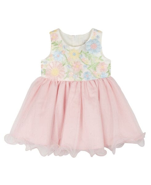 Baby Girls Sleeveless 3D and Embroidered Floral Social Dress