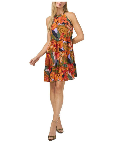 Women's Tropical Tie-Back Halter Tiered Mini Dress