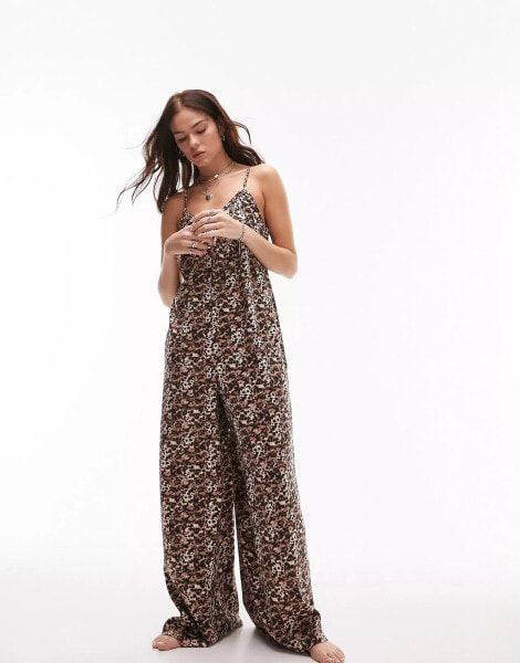 Topshop animal print satin beach jumpsuit in multi