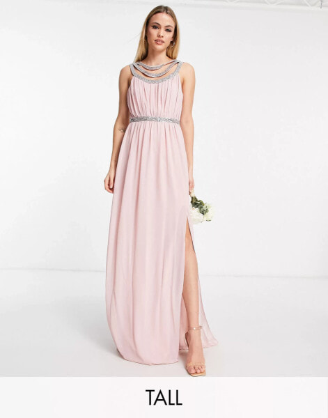 TFNC Tall premium embellished back and front maxi dress in mauve - PINK