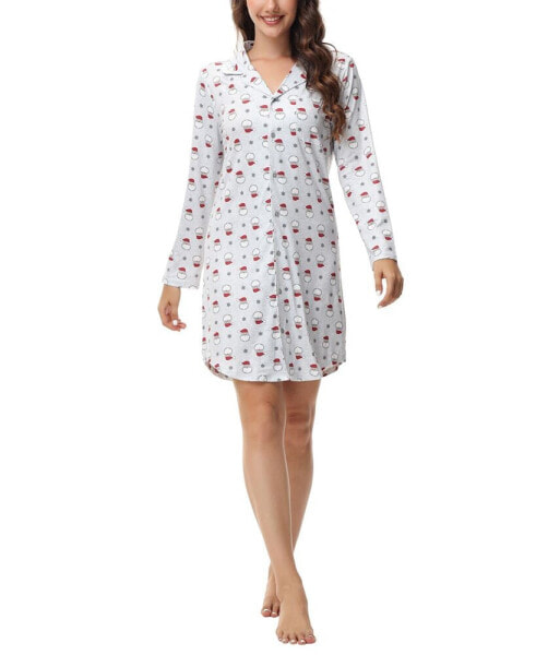 Women's Long Sleeve Notch Collar Sleepshirt Nightgown