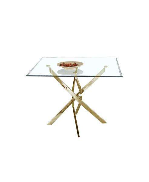 Contemporary Square Clear Dining Tempered Glass Table With Gold Finish Stainless Steel Legs