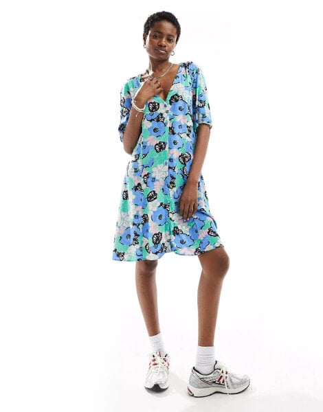 Monki button through mini dress in blue flowers